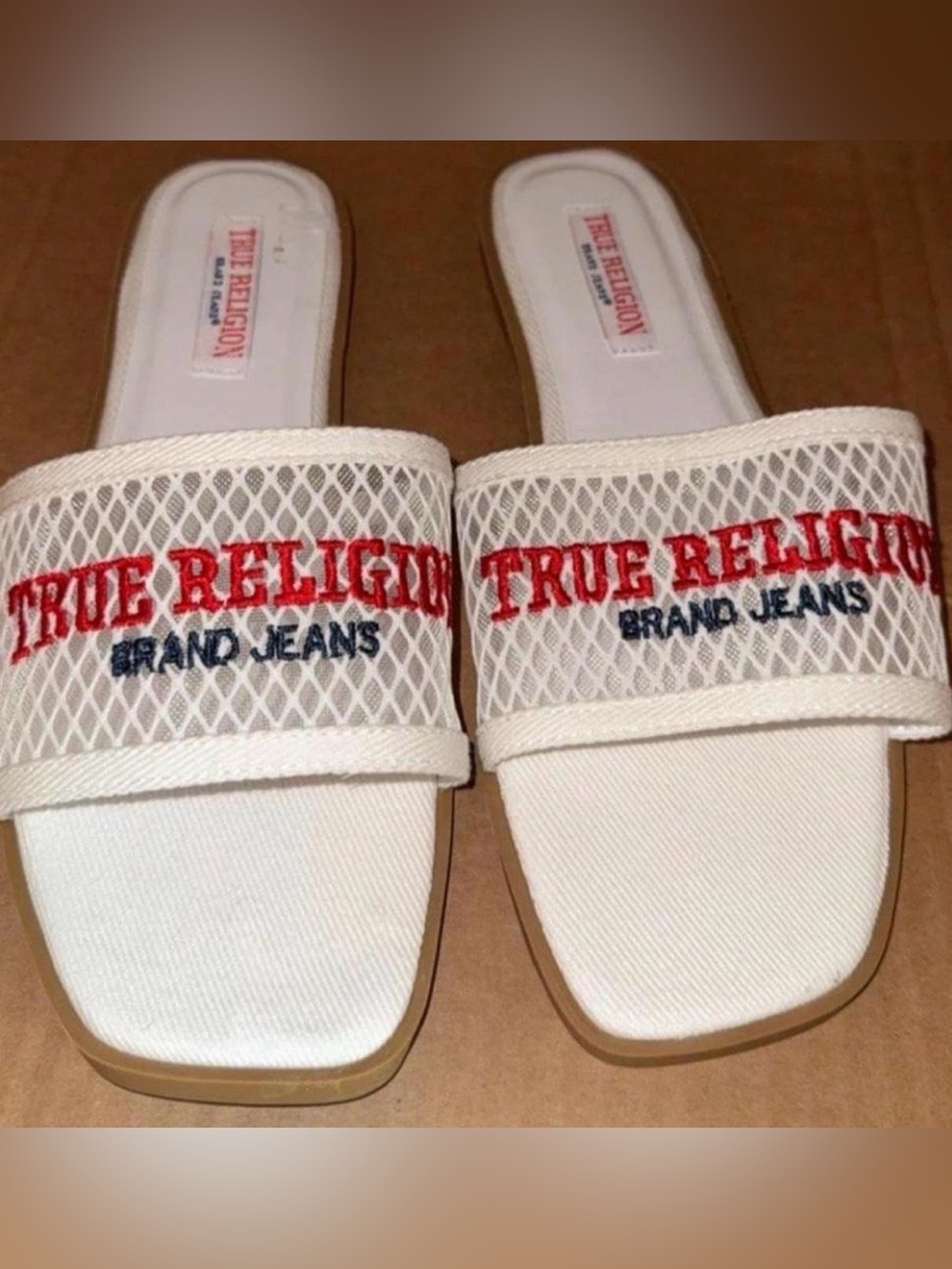 True Religion White Slide Sandals with Red & Navy Embroidered Logo